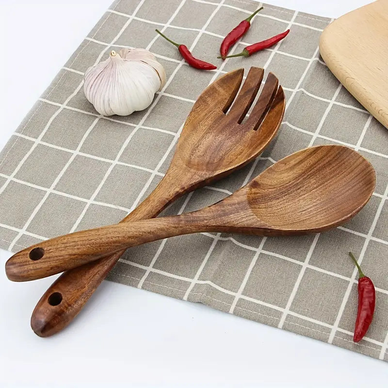 2PCS Acacia Wood Salad Spoons – Long-Handled Mixing Fork & Spoon Kitchen Set