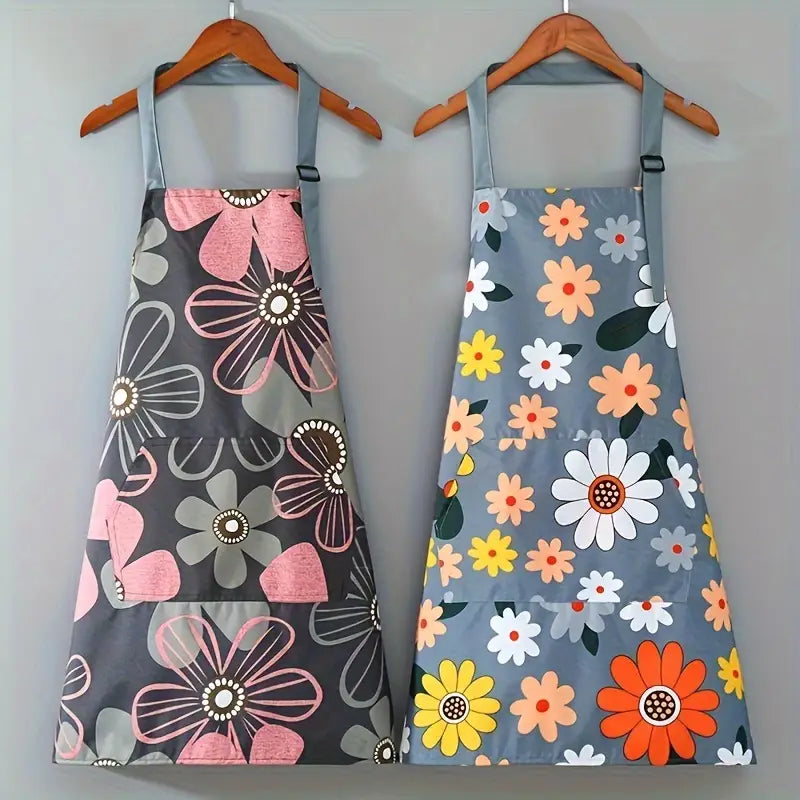 Floral Print Waterproof & Oil-Resistant Apron with Large Pocket