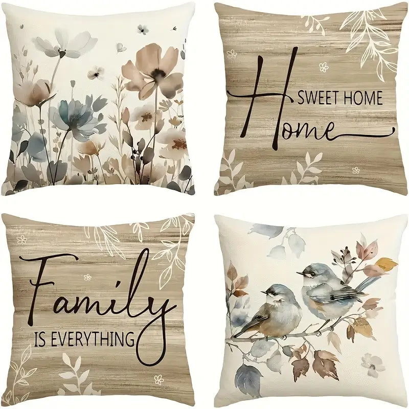 Lot de 4 housses de coussin élégantes de style chinois – Motif oiseaux et fleurs pour la maison et le bureau