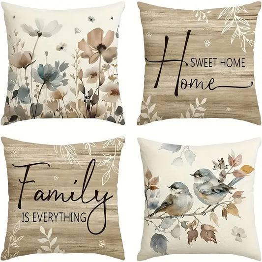 Lot de 4 housses de coussin élégantes de style chinois – Motif oiseaux et fleurs pour la maison et le bureau