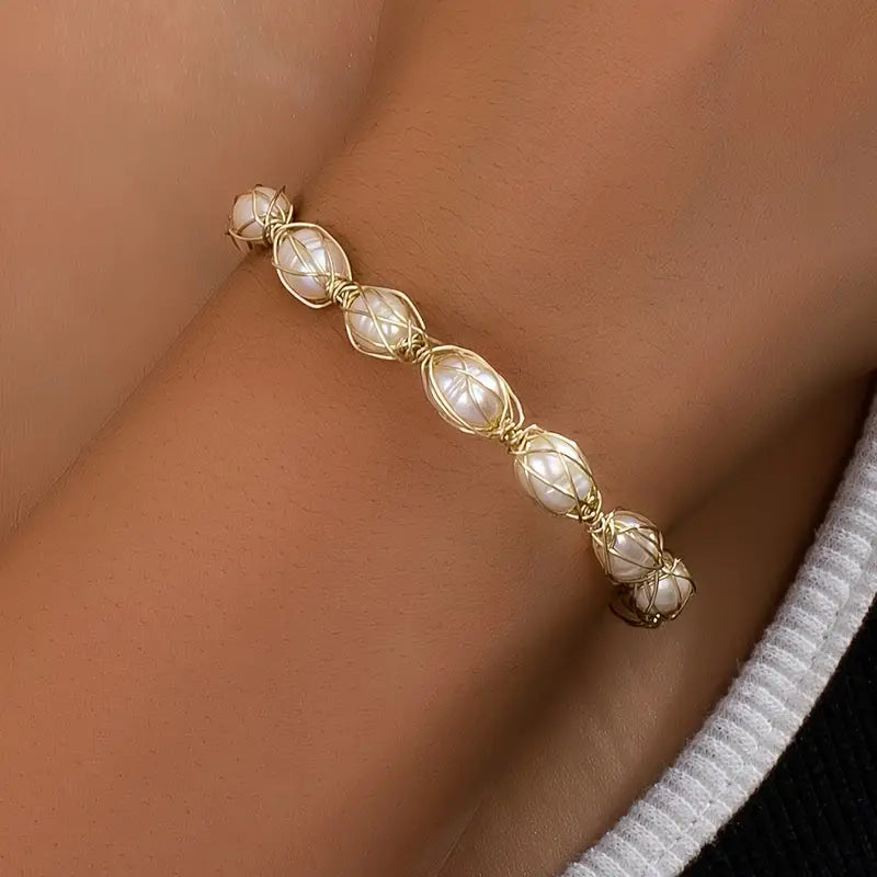 18K Gold Pearl Bracelet - Handwoven Chain Elegant Jewelry