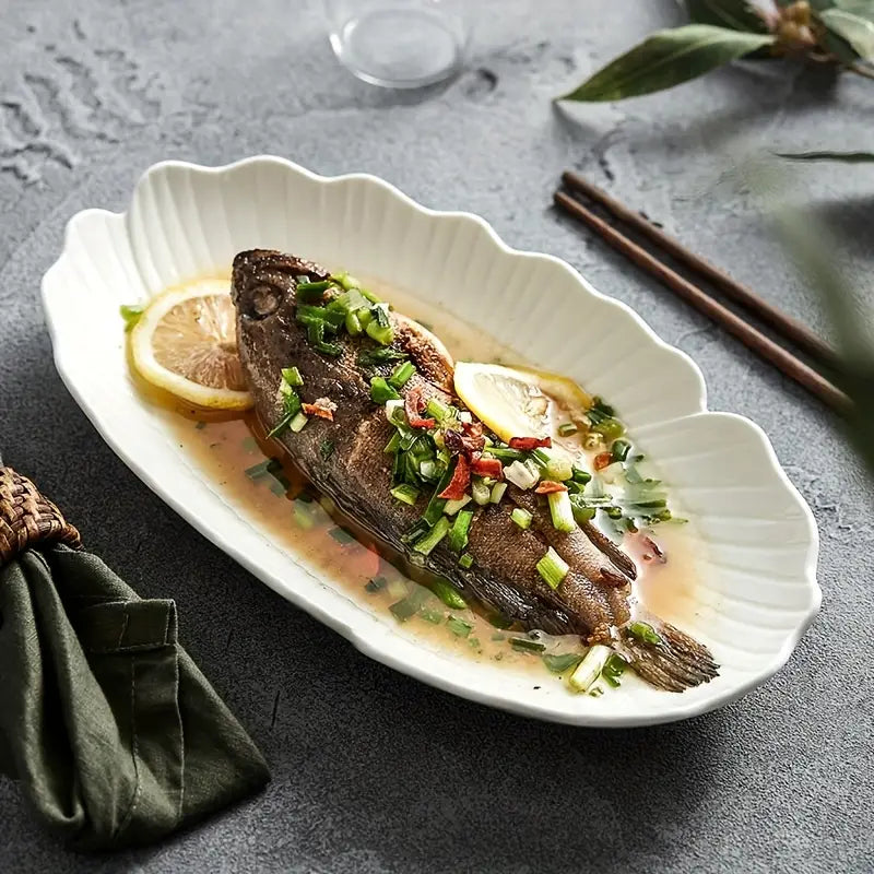 2PCS Oval Ceramic Fish Plates – Floral Serving Dishes for Dinner & Grill