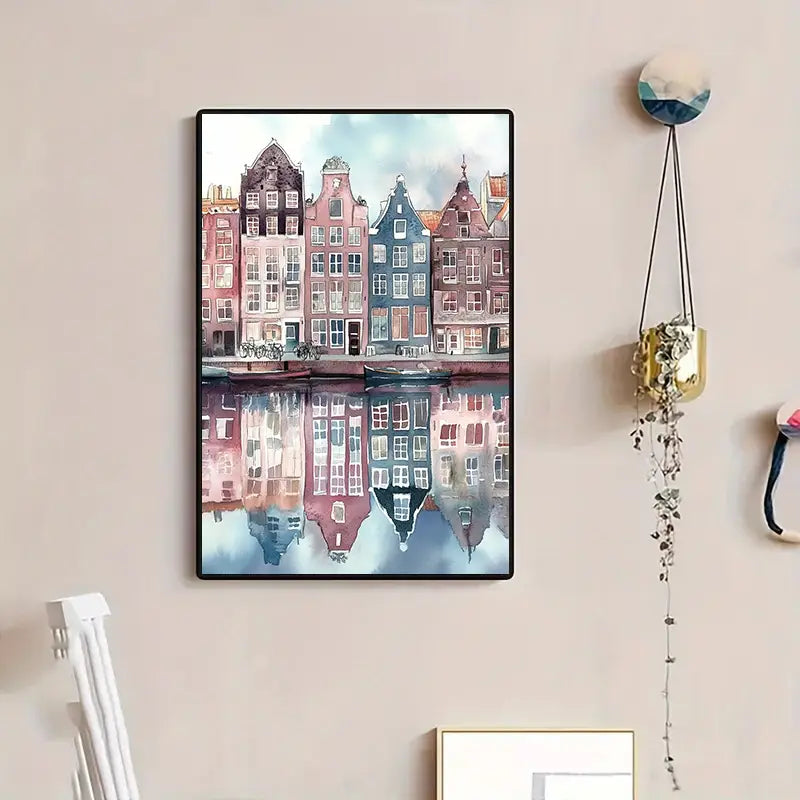 Canvas aquarel Amsterdams stadsgezicht – levendige Europese wandkunst voor thuis en op kantoor