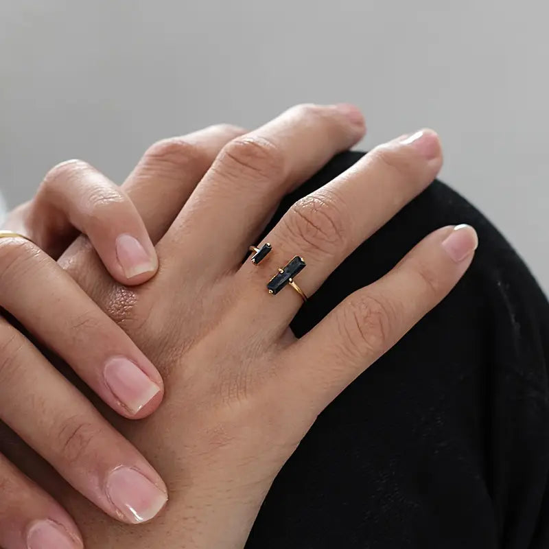 Obsidian Bar Ring - 18K Gold Plated Reiki Jewelry