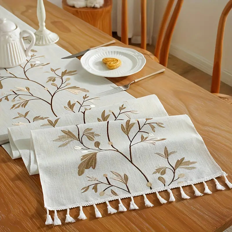 Embroidered Floral Table Runner – Woven Polyester Dining Decor with Tassels