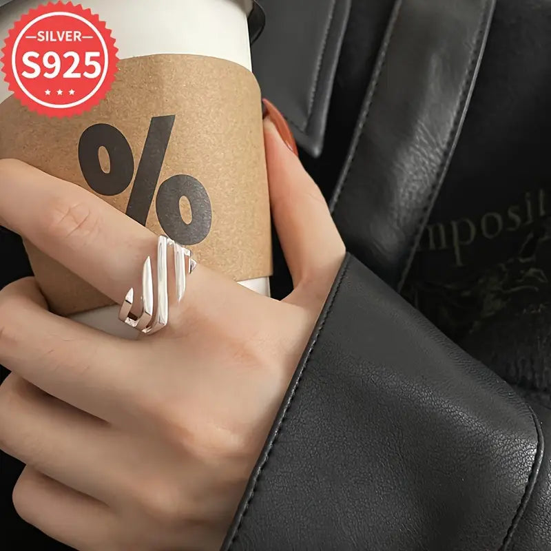 925 Silver Ring Geometric Hollow Stripe Band Fashion Jewelry