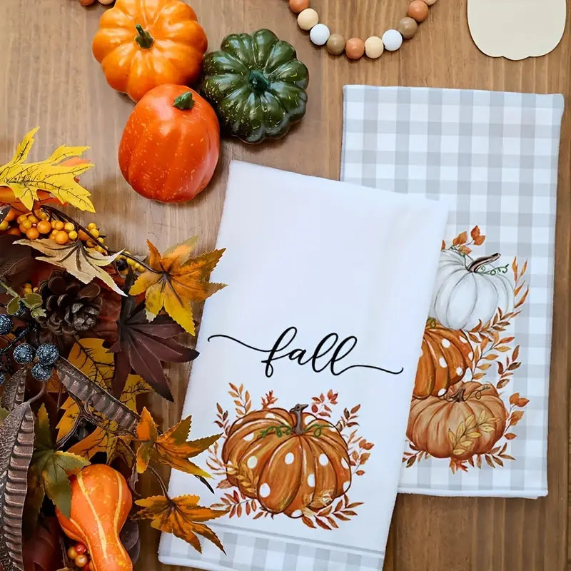 2-pack moderne herfstkeukendoeken, oranje pompoen & grijs buffelruitmotief