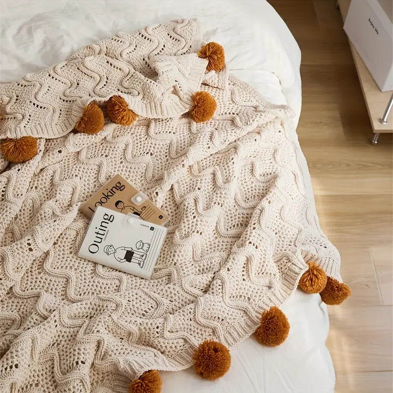 Beige Knit Throw Blanket with Pom Poms - Soft Sofa Bed Cover