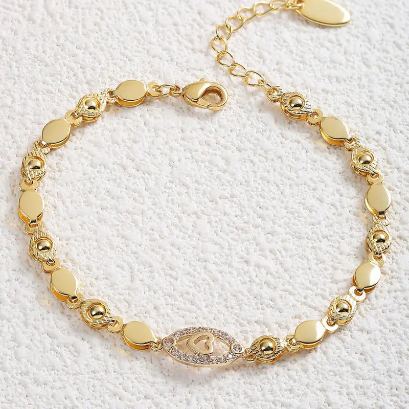 Gold Plated Heart Bracelet - CZ Leaf Charm
