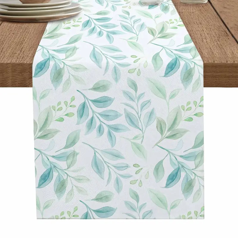 Teal Leaf Table Runner – Watercolor Linen Decor for Coffee Table or Kitchen