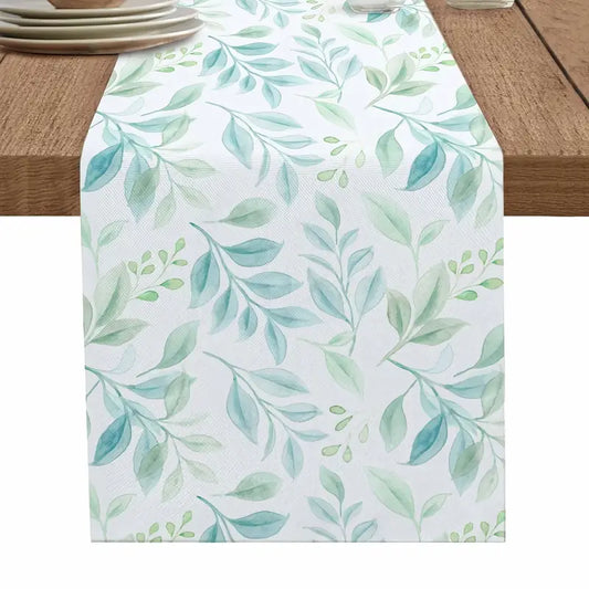 Teal Leaf Table Runner – Watercolor Linen Decor for Coffee Table or Kitchen