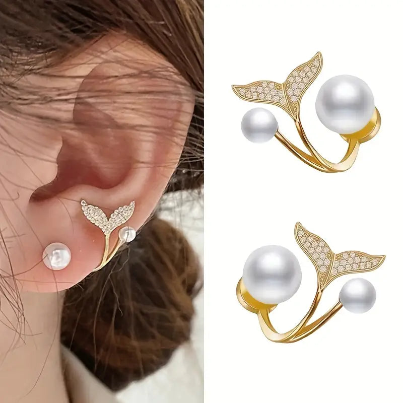 Mermaid Tail Stud Earrings with Imitation Pearl and Rhinestone Accents