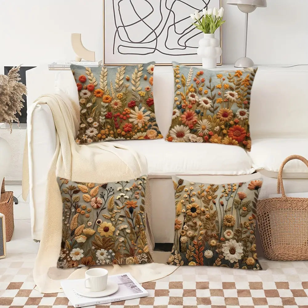 Lot de 2 housses de coussin style bohème chic, motif floral et feuilles, motif automne