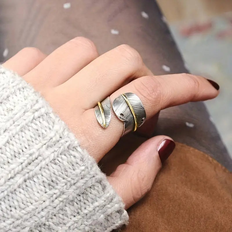 Vintage Feather Ring - Adjustable Open Band Jewelry Gift