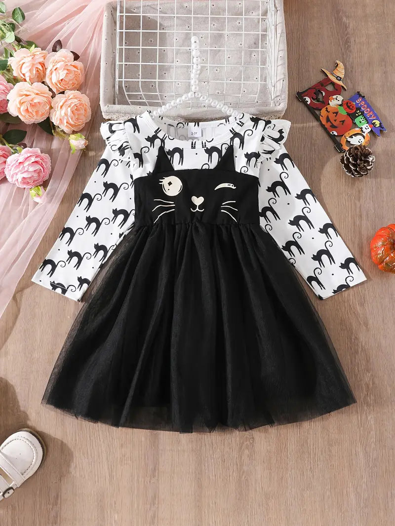 Robe à imprimé chat pour tout-petit | Jolie tenue à manches longues avec jupe en tulle – Mélange de polyester doux
