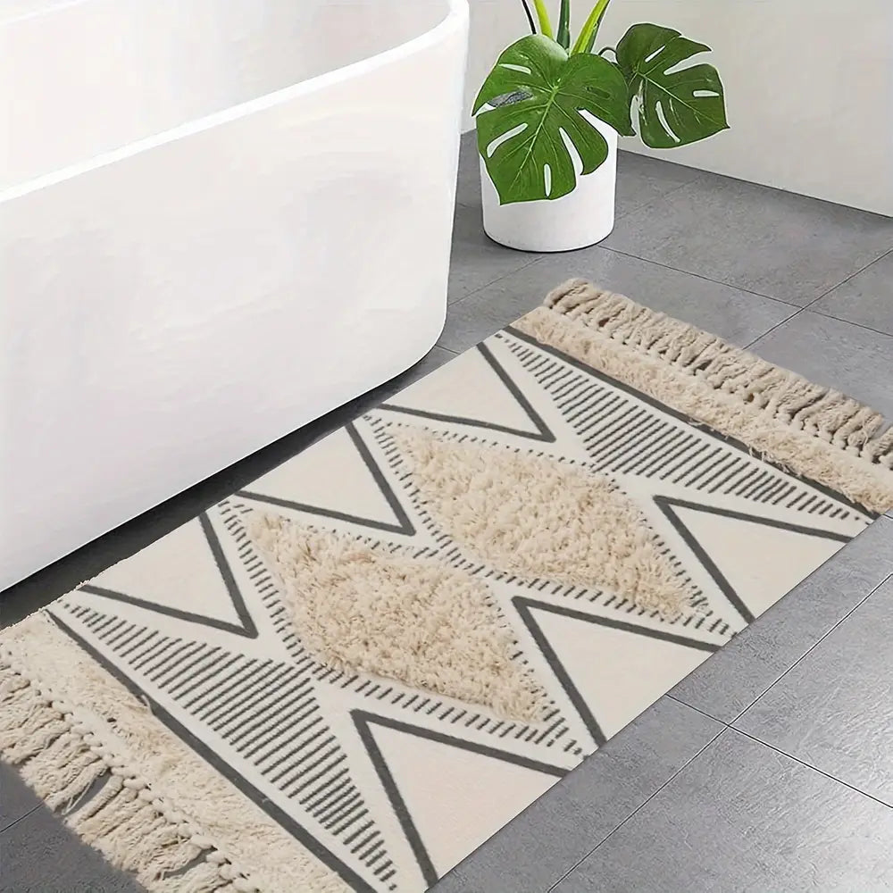 Tapis de bain bohème géométrique, tapis lavable en velours avec pompons