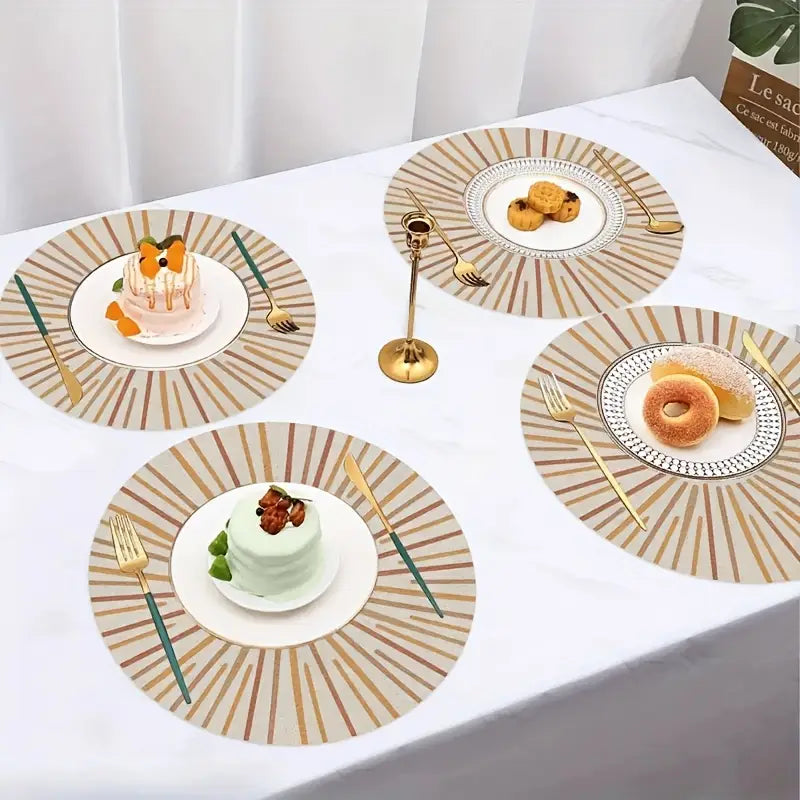 4PC Striped Round Placemats – 15" Heat-Resistant Beige Linen Table Mats