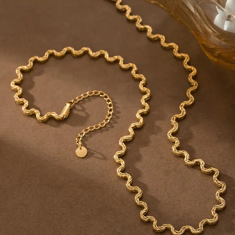 18K Gold Water Wave Necklace - Stainless Steel Adjustable