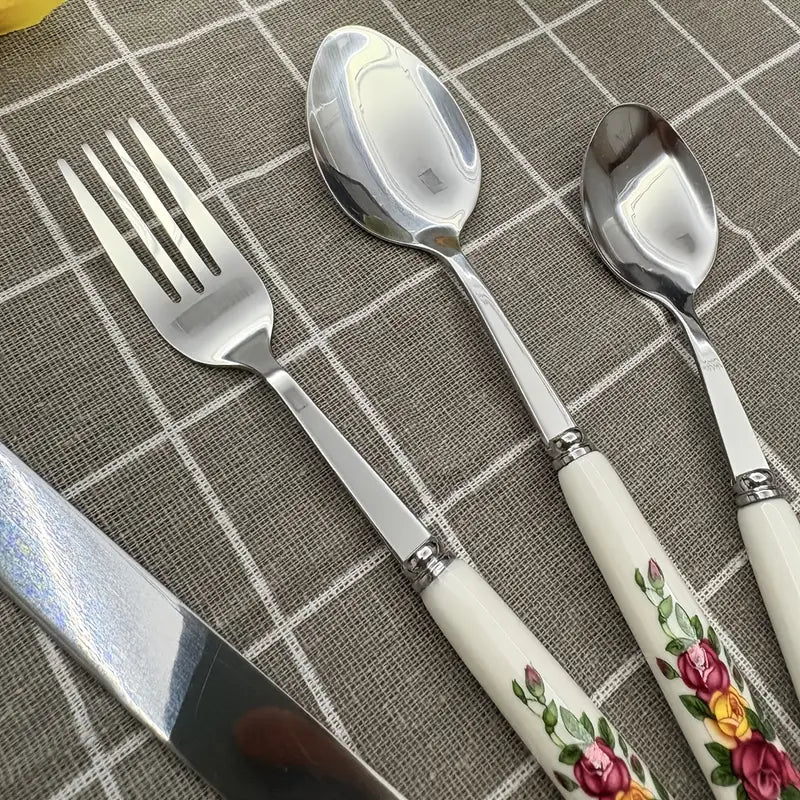 Floral Cutlery Set 24pc: Stainless Steel, Ceramic Handles