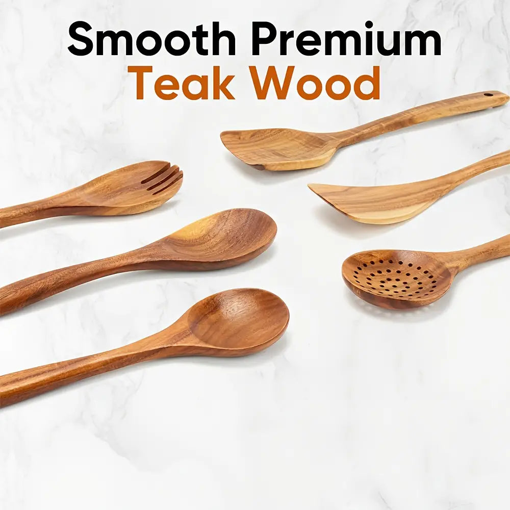 6pcs Teak Wooden Cooking Utensil Set - Comfort-Grip, Non-Stick, Smooth Finish Wood Spoons