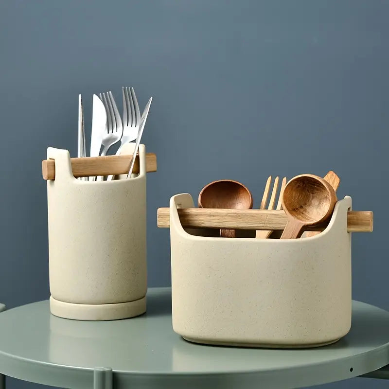 Ceramic Cutlery Holder - Round Kitchen Utensil Organizer
