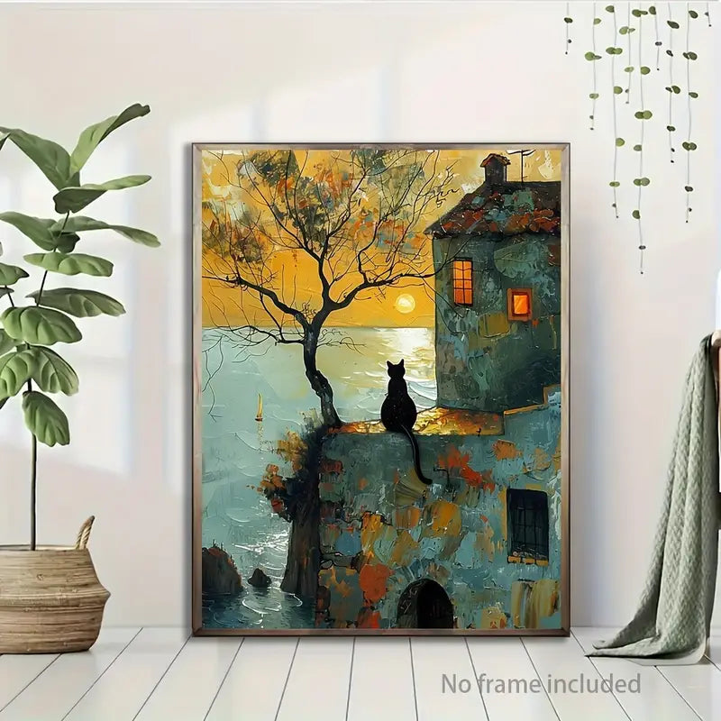Canvaskunst met zwarte kat op zonsopgang – 12x16 waterdichte, frameloze print voor thuis en kantoor