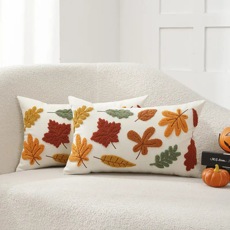Autumn Leaf Embroidered Cushion Covers - 2pc Set