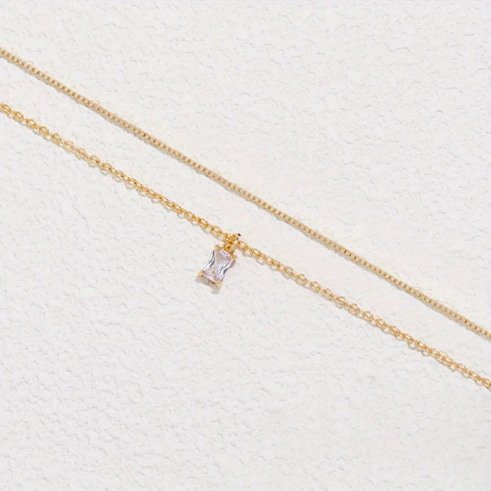 Elegant Square Zirconia Pendant Double Layer Necklace