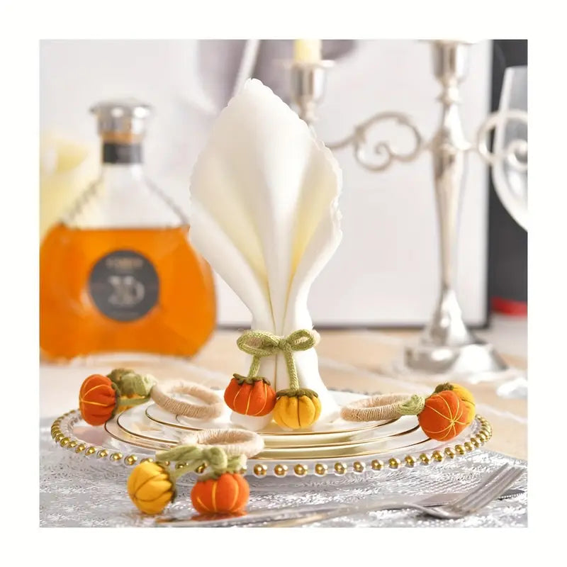 Pumpkin Napkin Rings 6-Pack - Wooden Floral Thanksgiving Dinner Decor