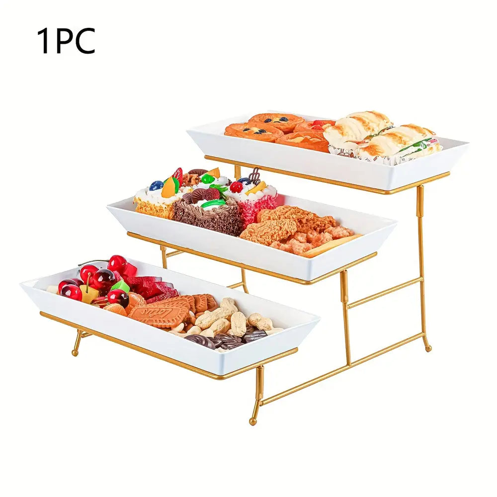 Présentoir à gâteaux pliable à 3 niveaux avec cadre en métal durable et 3 plateaux en plastique