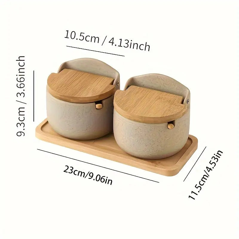 2PC Ceramic Seasoning Jars – Bamboo/Wood Lids – Salt & Spice Storage Set