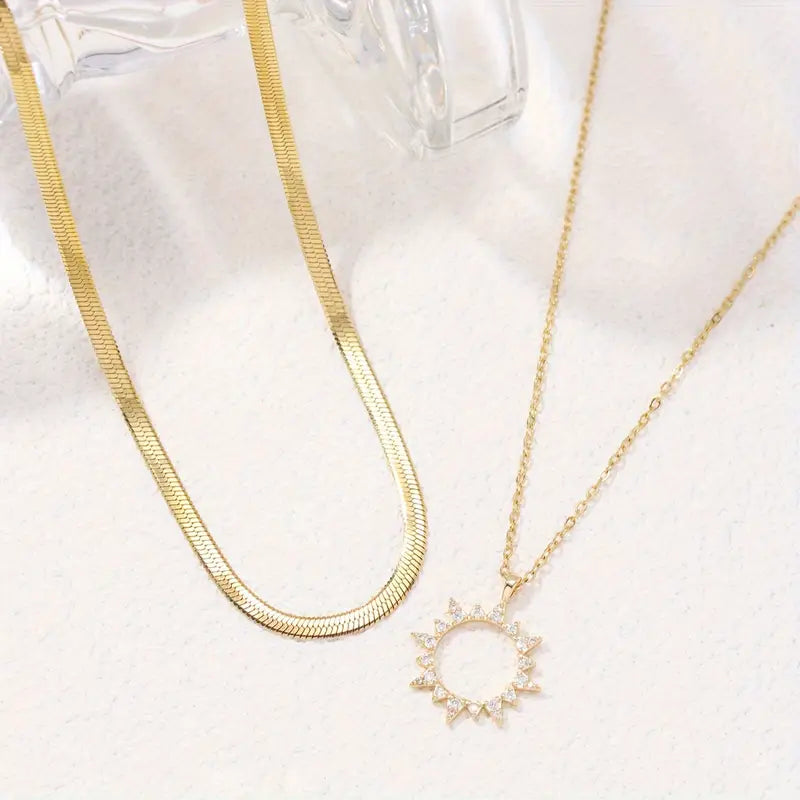 Zircon Sun Pendant Necklace - Stainless Steel Snake Chain Jewelry