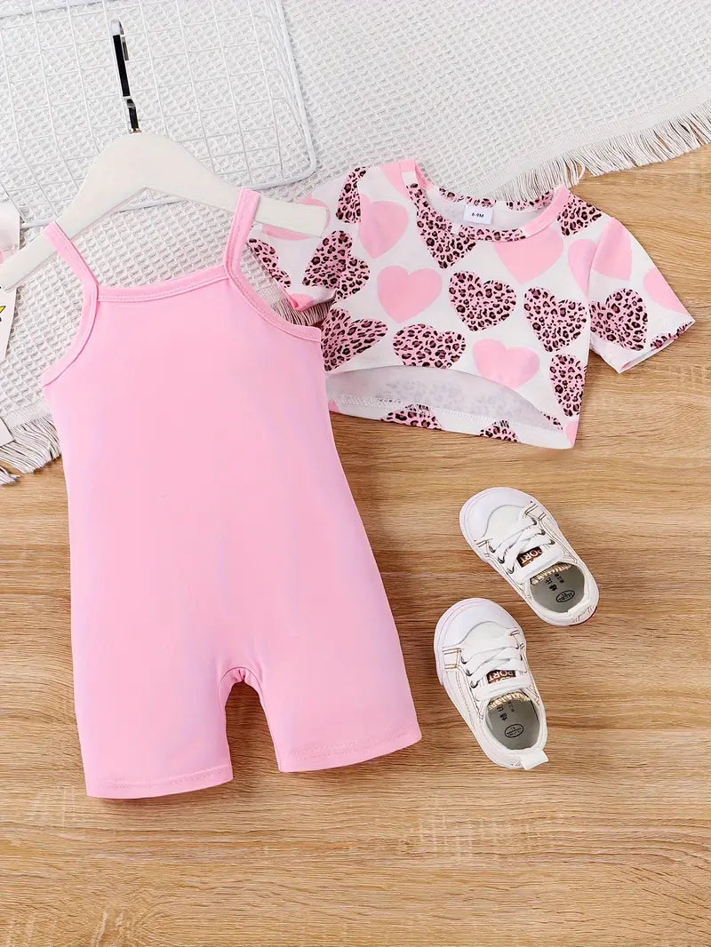 Leopard Heart Print Crop Top & Romper Set | 2-Piece Summer Outfit for Toddler Girls