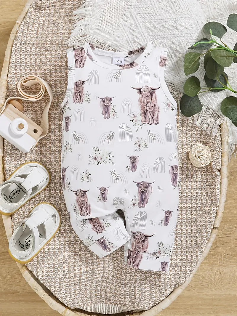 Barboteuse bébé à imprimé vache | Combinaison sans manches style bohème pour tout-petits