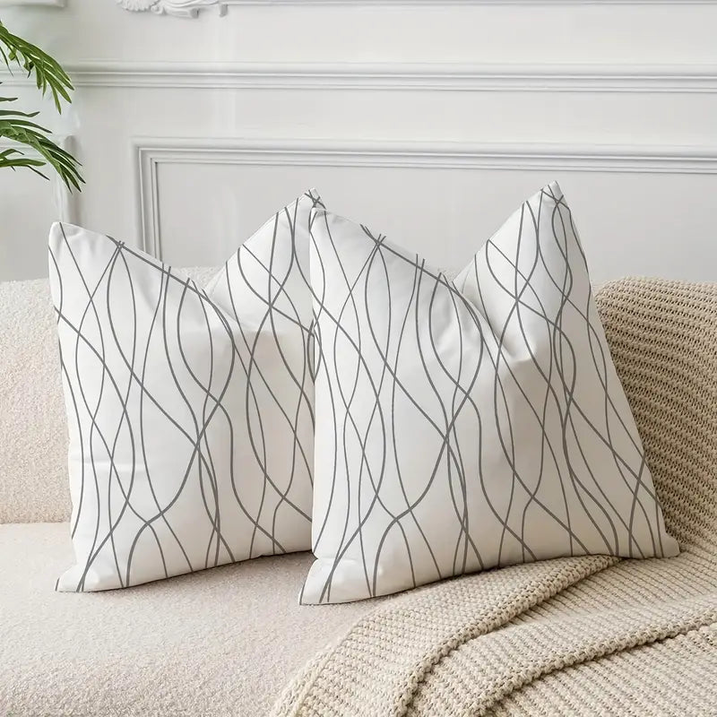Lot de 2 housses de coussin décoratives contemporaines en lin à rayures grises et blanches