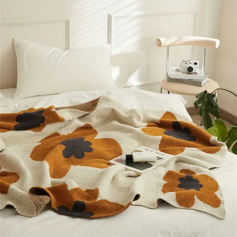Knitted Throw Blanket - Floral Pattern, Warm Sofa Bed Cover