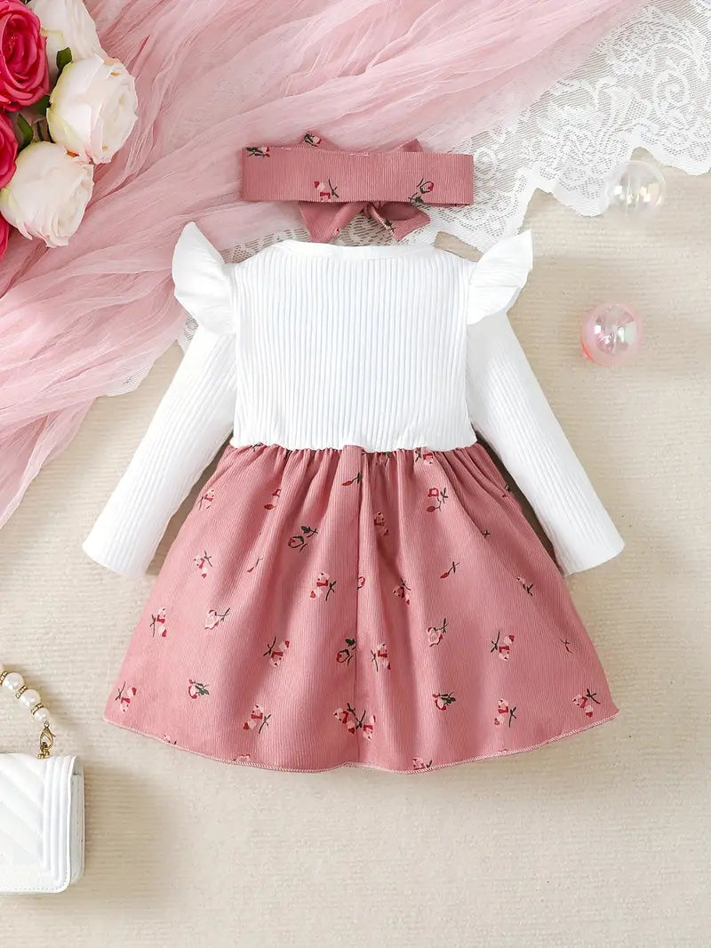Robe en velours côtelé pour bébé fille | Ensemble deux pièces à manches longues et imprimé floral et nœud