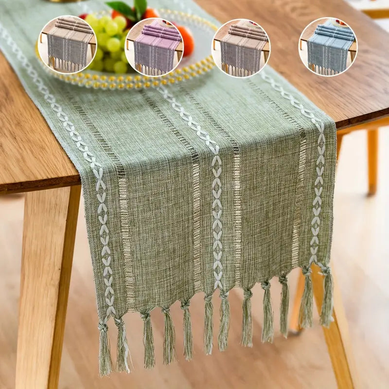 Rustic Boho Farmhouse Table Runner – Linen with Tassels, Handmade Embroidery