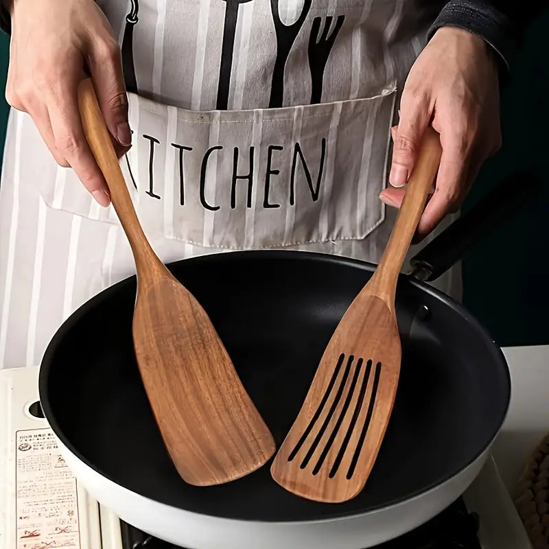 2pcs Wooden Flat and Slotted Spatula Set