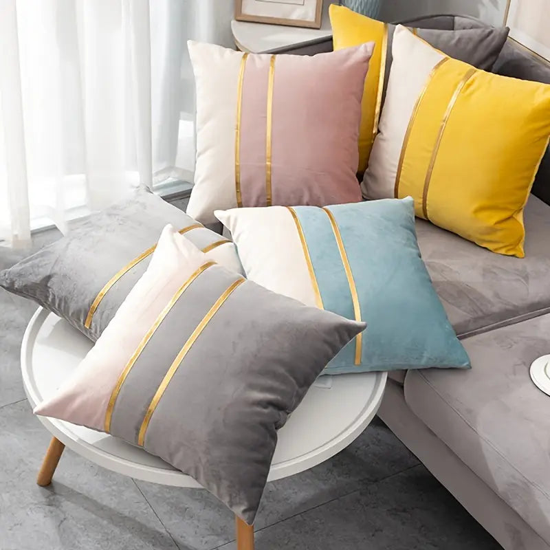 Lot de 2 housses de coussin en velours et cuir doré – Housses de coussin de luxe pour canapé et chambre
