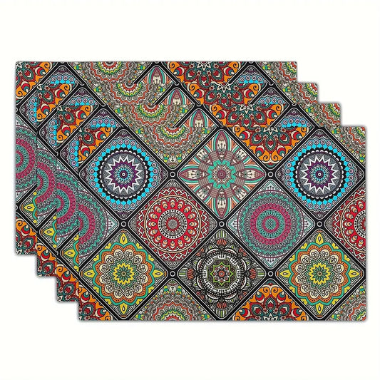 4pcs, Boho Mandala Placemats - Ethnic Traditional Pattern With Geometric Plaids