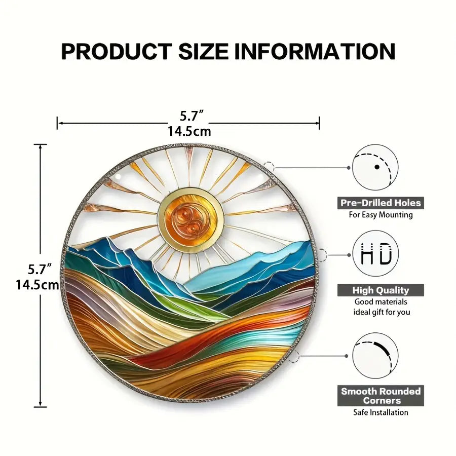 Boho Style Acrylic Stained Glass Sun & Mountain Wall Art, 14.48 cm