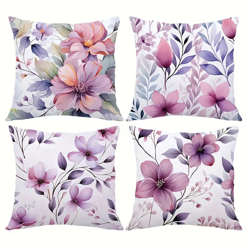 Lot de 4 housses de coussin vintage à motif floral violet – Imprimé recto verso, lavables en machine (45 x 45 cm)