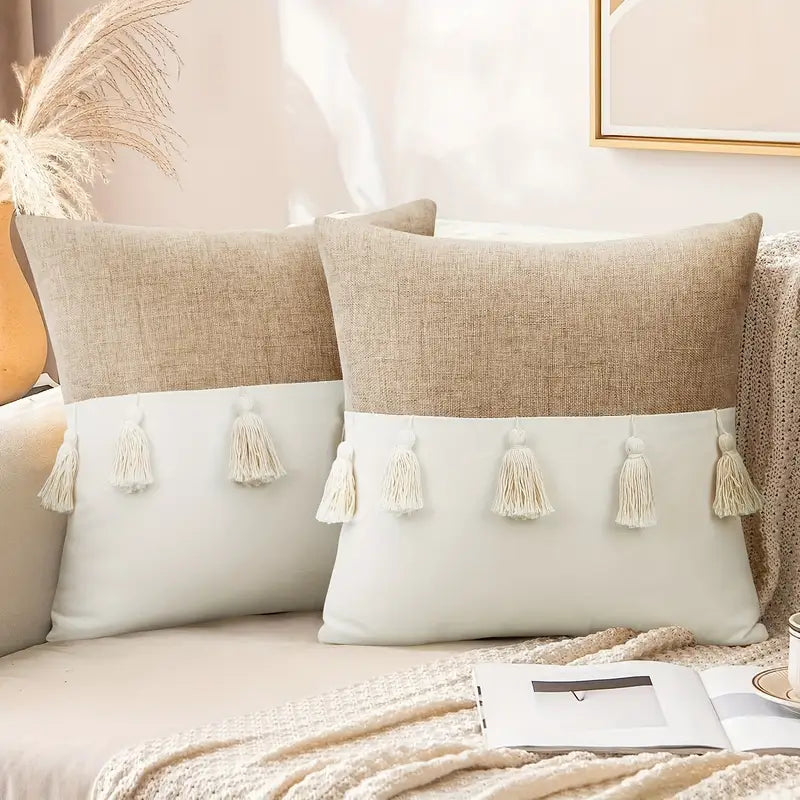 Boho Linen Pillow Covers 2-Pack: Fringe, Beige Brown, Sofa Decor
