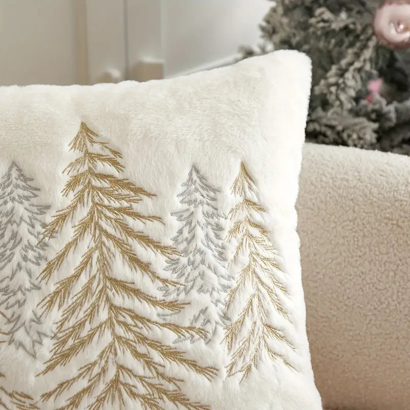 Christmas Tree Embroidered Pillow Cover - Gold Silver Holiday Decor