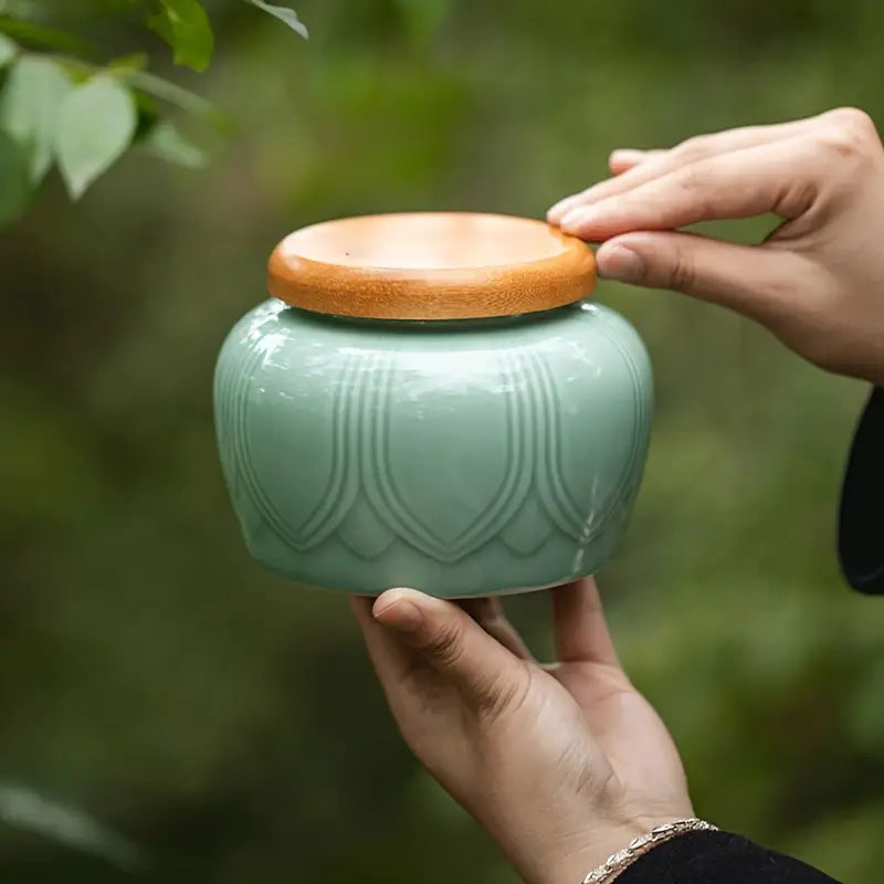 Blue-Green Ceramic Jar - Lotus Leaf Decor, Home and Kitchen