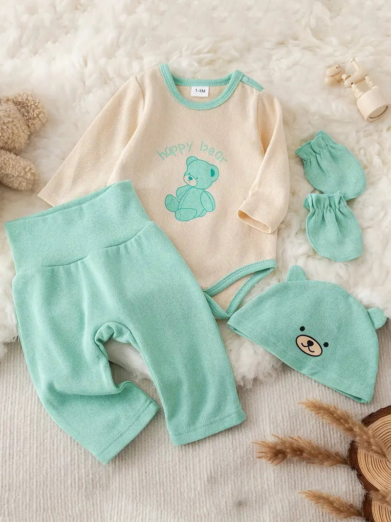 Ensemble 4 pièces pour bébé garçon | Body à manches longues, pantalon, bonnet et chaussettes à imprimé ours