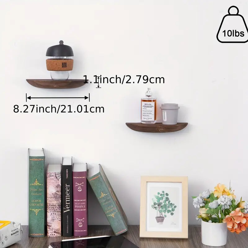 2-pack zwevende rustieke houten wandplanken - hangende opbergrekken in halve cirkelvorm