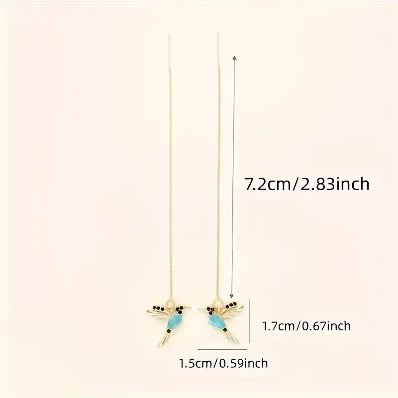 Hummingbird Tassel Drop Earrings with Synthetic Emerald