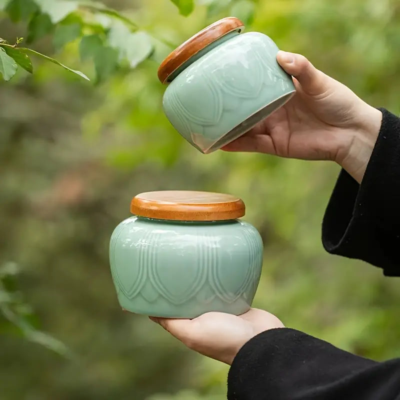 Blue-Green Ceramic Jar - Lotus Leaf Decor, Home and Kitchen